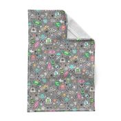 Space Galaxy Universe Doodle with Aliens, Pink Rockets, Mint Planets, Robots & Stars on Dark Grey