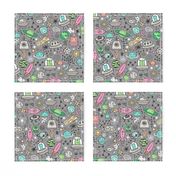 Space Galaxy Universe Doodle with Aliens, Pink Rockets, Mint Planets, Robots & Stars on Dark Grey