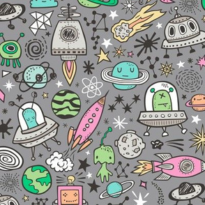 Space Galaxy Universe Doodle with Aliens, Pink Rockets, Mint Planets, Robots & Stars on Dark Grey