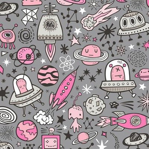 Space Galaxy Universe Doodle with Aliens, Rockets, Planets, Robots & Stars Pink on  Dark Grey