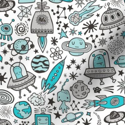 Space Galaxy Universe Doodle with Aliens, Rockets, Planets, Robots & Stars Blue On White