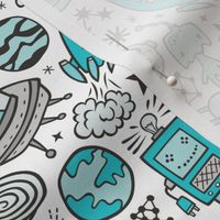 Space Galaxy Universe Doodle with Aliens, Rockets, Planets, Robots & Stars Blue On White