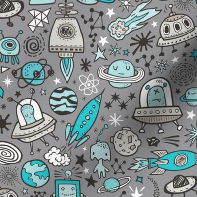 Space Galaxy Universe Doodle with Aliens, Rockets, Planets, Robots & Stars Blue on  Dark Grey