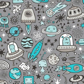 Space Galaxy Universe Doodle with Aliens, Rockets, Planets, Robots & Stars Blue on  Dark Grey