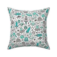 Space Galaxy Universe Doodle with Aliens, Rockets, Planets, Robots & Stars Mint Green on White