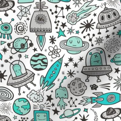 Space Galaxy Universe Doodle with Aliens, Rockets, Planets, Robots & Stars Mint Green on White