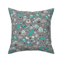 Space Galaxy Universe Doodle with Aliens, Rockets, Planets, Robots & Stars Mint Green on  Dark Grey