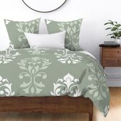 Heart Damask Ptn White & Lt Green on Green