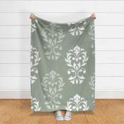 Heart Damask Ptn White & Lt Green on Green