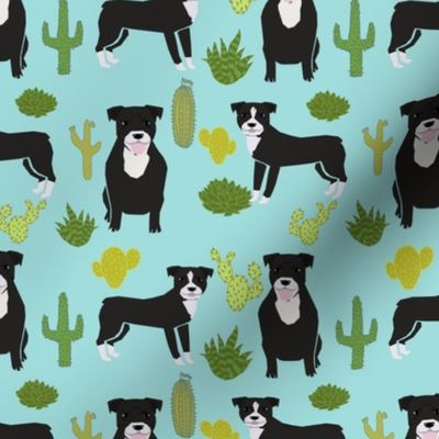 black pitbull fabric dogs and cactus design cute pitty fabric - blue tint