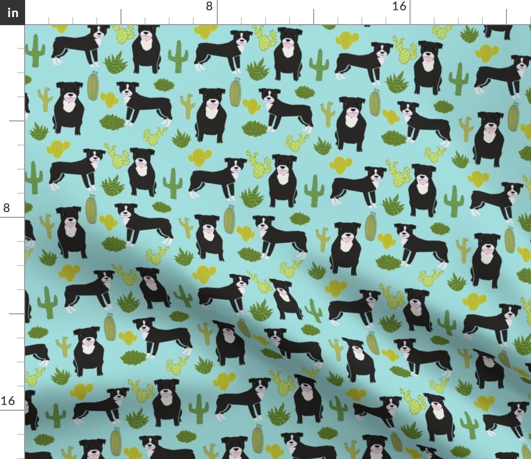 black pitbull fabric dogs and cactus design cute pitty fabric - blue tint