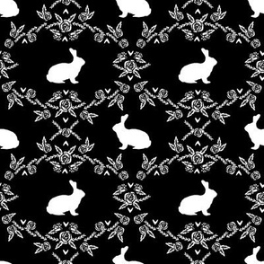 Rabbit silhouette bunny floral black and white 