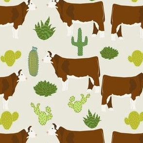 hereford cow fabric cattle and cactus design - light khaki