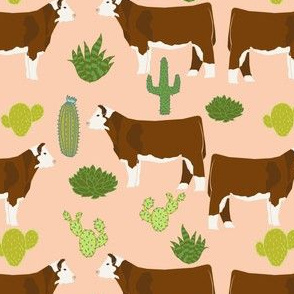 hereford cow fabric cattle and cactus design - peach