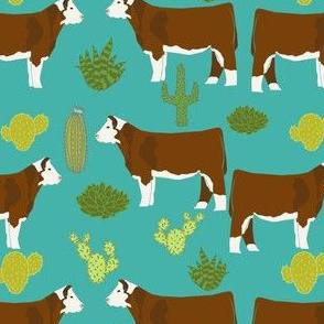 hereford cow fabric cattle and cactus design - turquoise