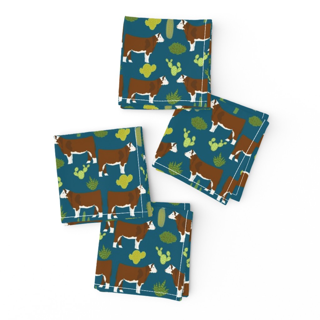 hereford cow fabric cattle and cactus design - sapphire