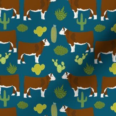 hereford cow fabric cattle and cactus design - sapphire