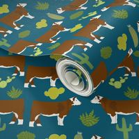 hereford cow fabric cattle and cactus design - sapphire