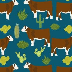 hereford cow fabric cattle and cactus design - sapphire