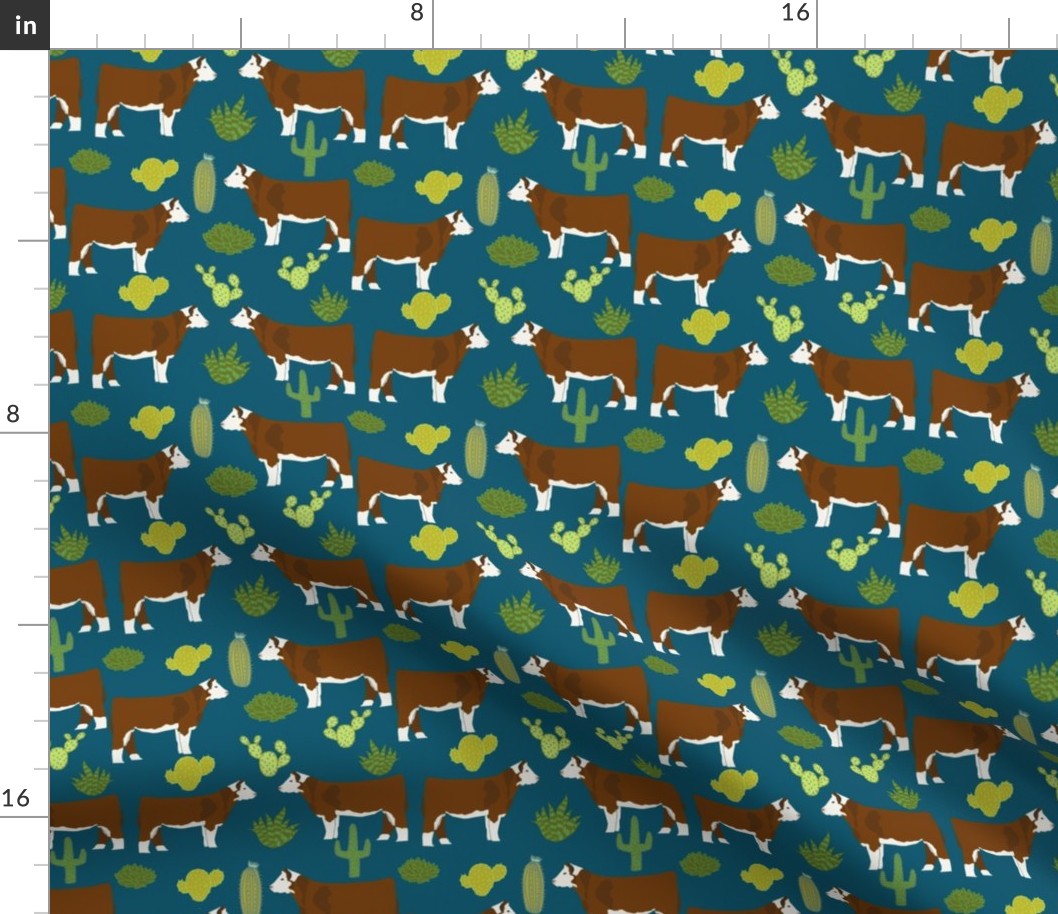 hereford cow fabric cattle and cactus design - sapphire