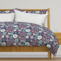 Large Floral in Purple, Aqua, and Gray 