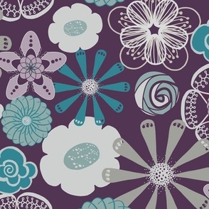 Large Floral in Purple, Aqua, and Gray 