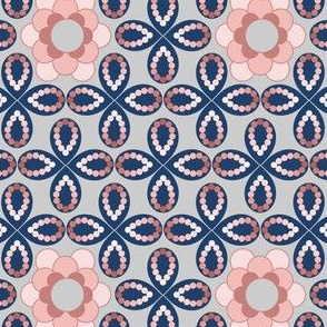 Flower and Bead Lattice, Peach, Blue, Gray