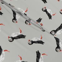 Puffin Party - Smaller Scale on Light Grey