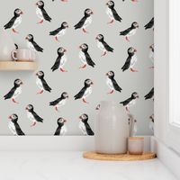 Puffin Party - Smaller Scale on Light Grey