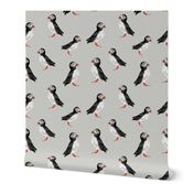 Puffin Party - Smaller Scale on Light Grey