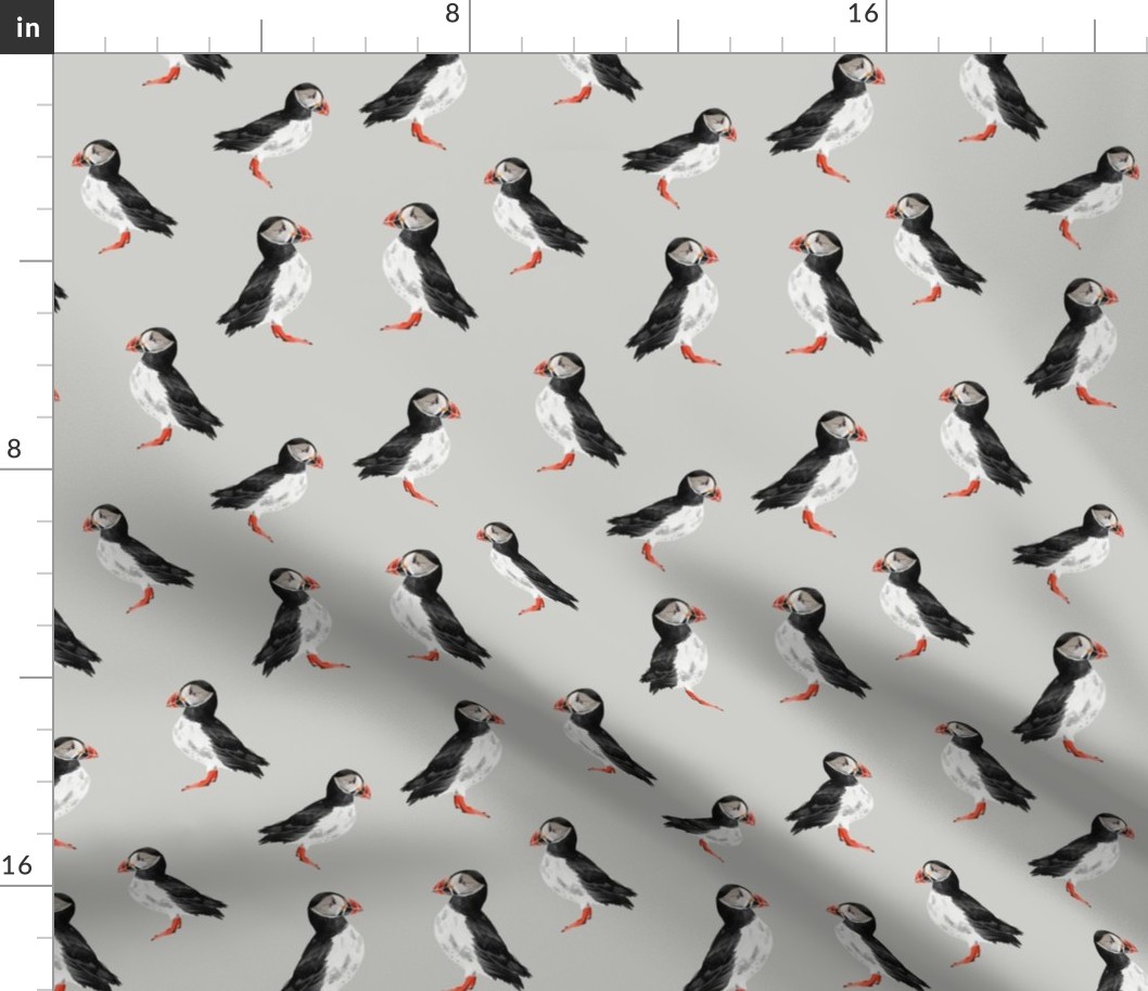 Puffin Party - Smaller Scale on Light Grey