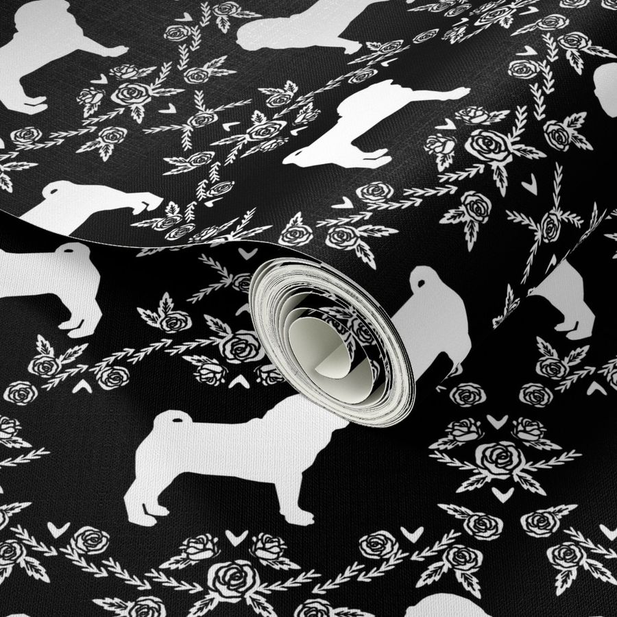 Pug dog  breed silhouette floral fabric pattern black and white