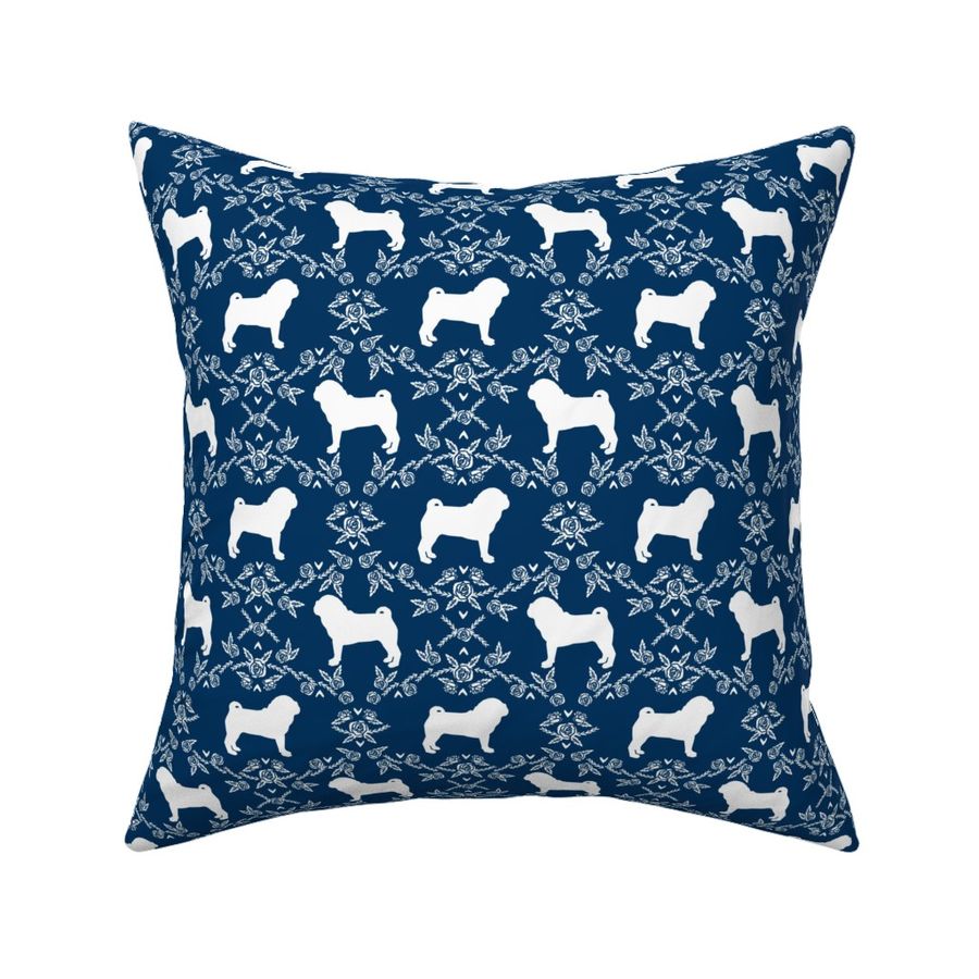 Pug dog  breed silhouette floral fabric pattern navy