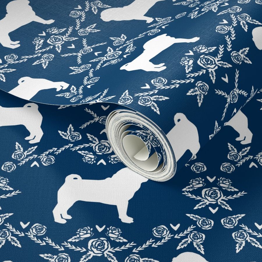 Pug dog  breed silhouette floral fabric pattern navy