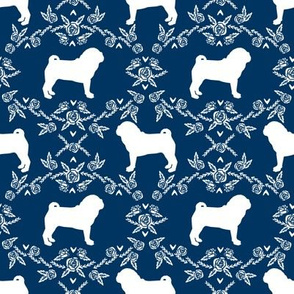 Pug dog  breed silhouette floral fabric pattern navy