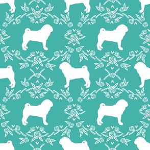Pug dog  breed silhouette floral fabric pattern turquoise
