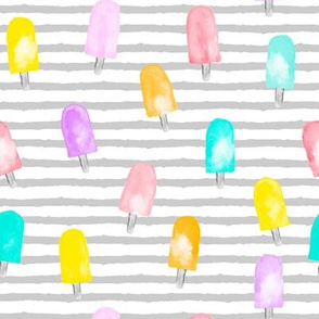 watercolor popsicles on grey stripes - multi