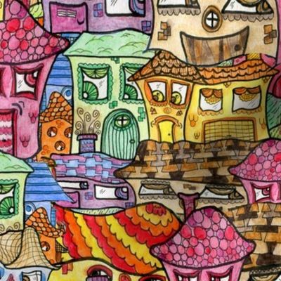 cute suburbia watercolor collage, medium large scale, red orange yellow green blue indigo violet brown beige tan pink