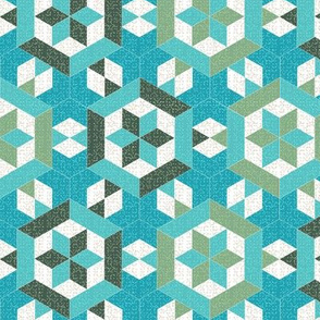 Textured Turquoise and Green Hexagons and Diamonds