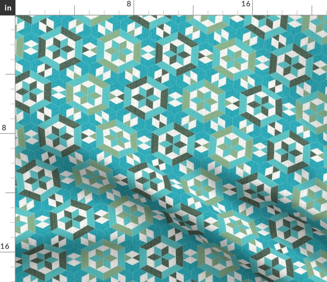 Textured Turquoise and Green Hexagons and Diamonds