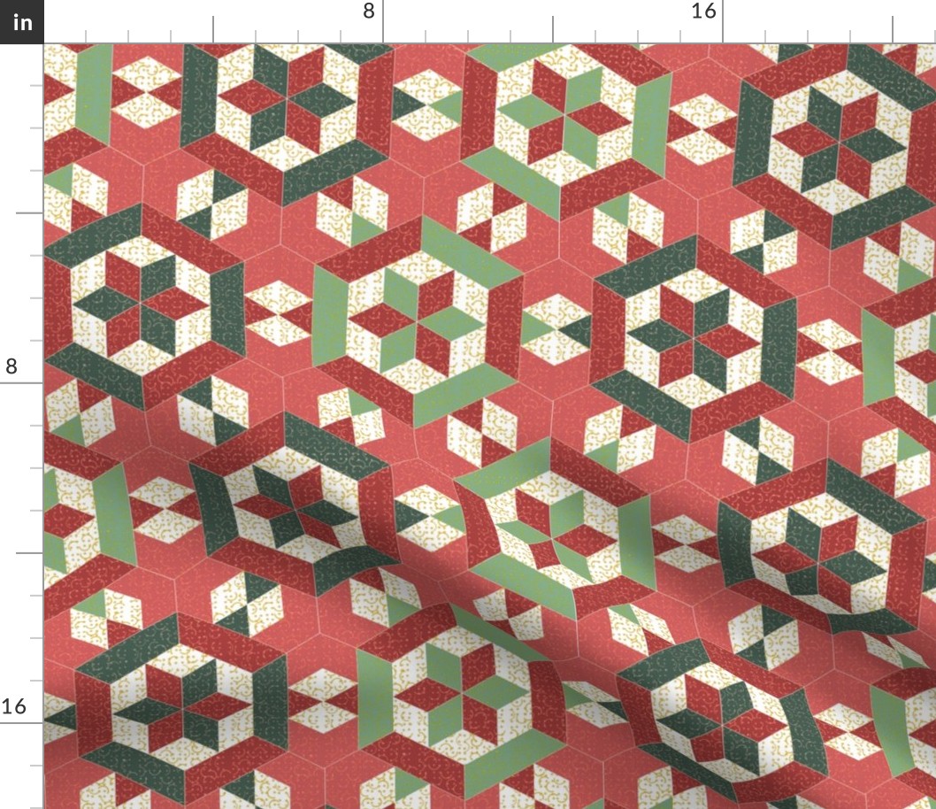 Christmas Red and Green Textured Hexagons and Diamonds