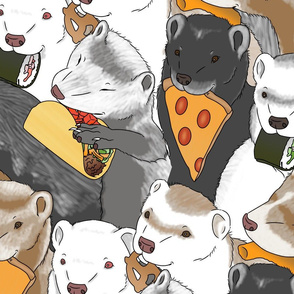 Ferrets and snack foods large - pizza tacos cheeseburger sushi pretzel fries cheese puffs