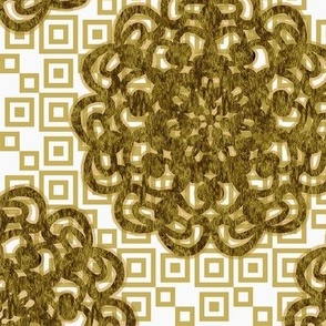 CCFN3 - Abstract Sunflower  Mandala on Hollow Nesting  Checks in Olive green and Gold - 10.5  inch fabric  repeat - 6 inch wallpaper repeat