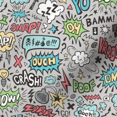 Comic Book Speech Text Bubbles Superhero Doodle on Grey