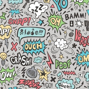 Comic Book Speech Text Bubbles Superhero Doodle on Grey