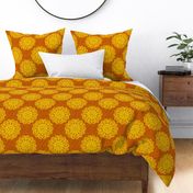 CCFN5 - Vibrant Yellow Mandala on Hollow, Orange, Nesting Checks - 10.5 inch fabric repeat - 6 inch wallpaper repeat