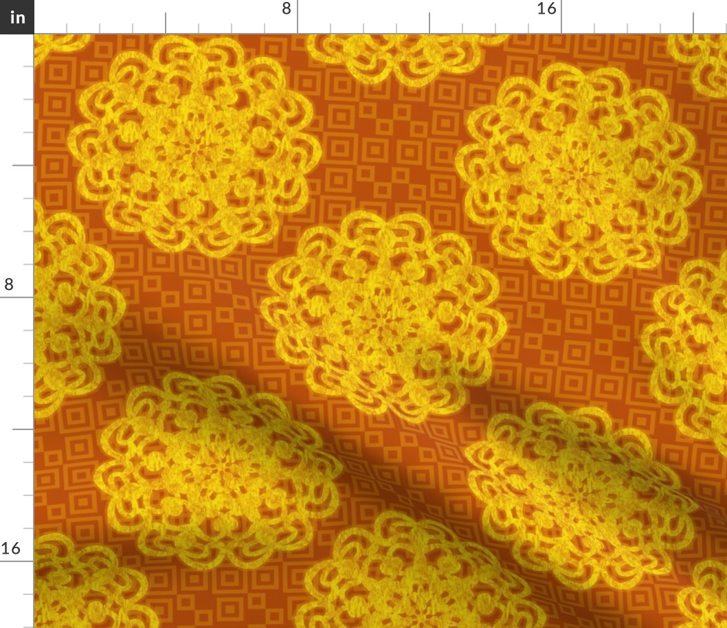 CCFN5 - Vibrant Yellow Mandala on Hollow, Orange, Nesting Checks - 10.5 inch fabric repeat - 6 inch wallpaper repeat