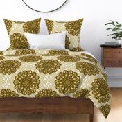 CCFN3 - Super Size  Kansas Sunflower Mandala on Hollow Nesting  Checks in Olive green and Gold - 21 inch fabric repeat - 12 inch wallpaper repeat