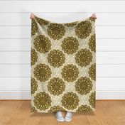 CCFN3 - Super Size  Kansas Sunflower Mandala on Hollow Nesting  Checks in Olive green and Gold - 21 inch fabric repeat - 12 inch wallpaper repeat