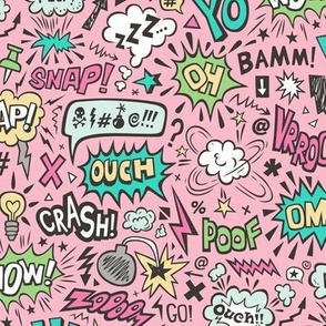 Comic Book Speech Text Bubbles Superhero Doodle on Pink